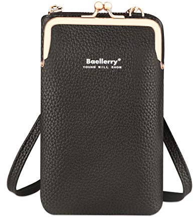 Leather Crossbody Phone Bag with Strap - Mini Purse for Women - Lightweight Mobile Phone Bag with Card Slots (Black)