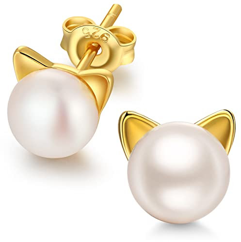 Katzen Ohrringe Gold Ohrringe Damen Ohrringe Silber 925 Vergoldet Ohrringe Katze Gold Perlenohrringe Stecker Damen Gold Ohrstecker Katze Ohrringe Gold Perle
