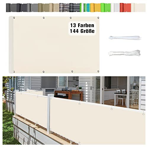 Stootrel Balkonschutz Balkonabdeckung, 85 X 500CM Blickdichte Balkonumspannungen Balkonabdeckung Wind&UV Schutz Wasserdicht Balkonumrandung mit Ösen und Kordel, Creme