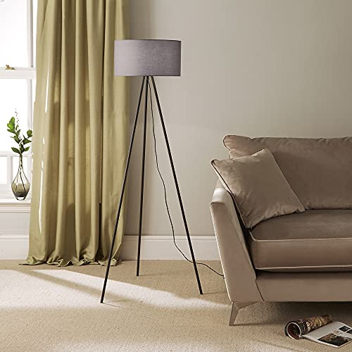Black Metal Tripod Floor Lamp with Grey Shade