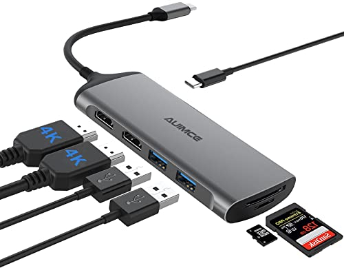 AUIMCE USB C Docking Station Dual Monitor, Dual HDMI 4K/60Hz, 7-in-1 Laptop Dock mit 100W PD, Triple Display für Windows/Thunderbolt 3/4, Dell, HP, Surface with MST, SD/TF Kartenleser, USB 3.0 Ports