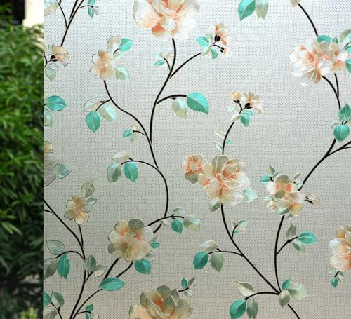 VSUDO Privacy Window Film, Jasmine Flower Pattern Window Tint, 75X300 cm | Static Cling Window Glass Sticker, No Glue Removable, UV Blocking, Home Bathroom Kitchen Office Door Beautiful Decorative