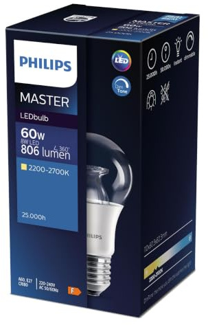 Philips Master DimTone LED GLS A60 Light Bulb 8W 60W Equivalent E27 Edison Screw Clear Glass Warm Glow 2200K–2700K CRI90 Dimmable Energy Efficient Decorative LED Lamp