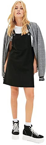 Trendyol Women's Damen Gerade Mini Mit Hosenträgern Lässig Regulär Kleid Dress, Black, 36