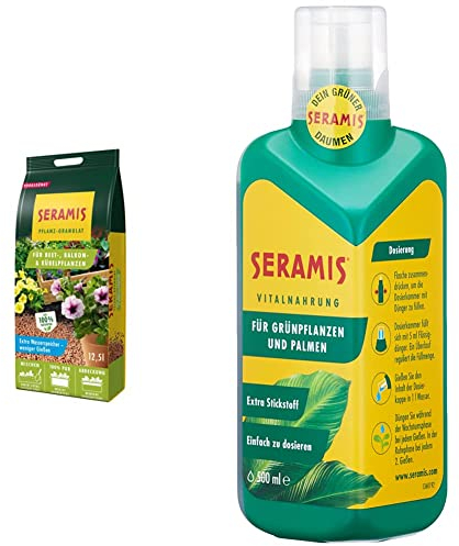 Seramis Pflanz-Granulat für Beet-, Balkon- & Kübelpflanzen, 12,5 l – Tongranulat & 730413 Vitalnahrung für Grünpflanzen und Palmen, 500 ml – Pflanzendünger für optimales Wachstum