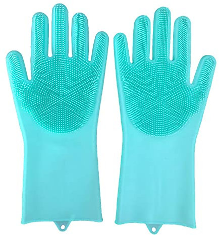 Guantes de esponja para lavar platos de cocina, guantes de silicona, guantes de limpieza de goma reutilizables, guantes de silicona para lavar platos (verde)