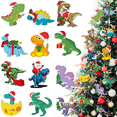 24 Pieces Christmas Dinosaur Ornament Wood Hanging Xmas Ornaments Christmas Tree Topper Dinosaur Ornaments Christmas Indoor Outdoor Party Decor for Kids Christmas Decorations (Stylish Style)