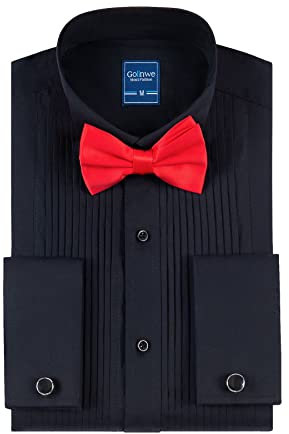 Gollnwe Smoking Hemd Herren Flügelkragen Französische Manschetten Flügelhemd mit MetallManschetten Flügelhemdknöpfen und Fliege Schwarz XL