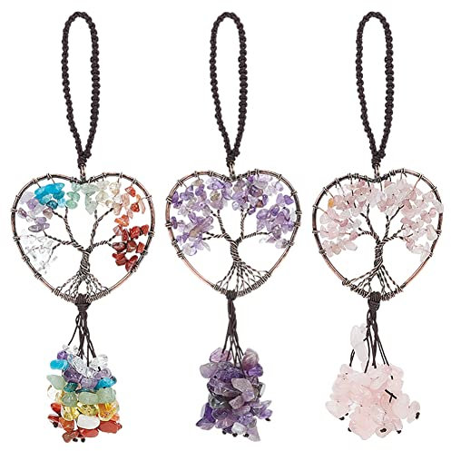 WEBEEDY 3 Stück 7 Chakra Baum des Lebens Rückspiegel Zubehör Heilende Kristalle Dekor Baum des Lebens Auto hängende Zubehör Meditation Ornamente Wanddekoration Glück Heimdekoration