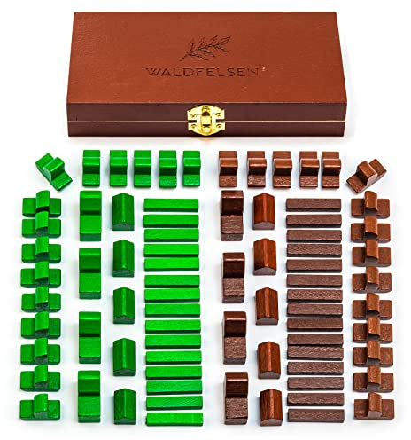 Waldfelsen Spielfiguren hochwertiger Holzbox: 8 Städte, 10 Siedlungen, 30 Straßen und 30 Schiffe geeignet für die Siedler-Ergänzung für 5 und 6 Spieler (Grün und Braun)