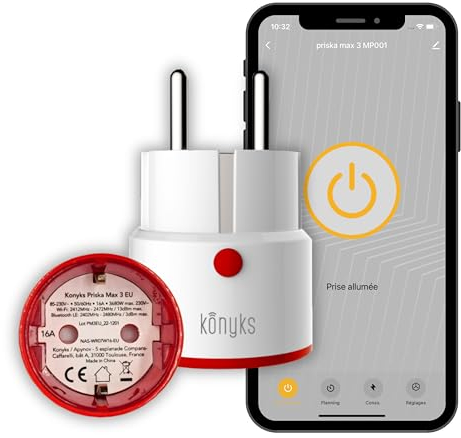 Prise connectée Konyks Priska Max 3 EU- WiFi + BT, Fonctions avancées V3, 16A, Compteur de consommation, Compatible Alexa et Google Home & Tuya -