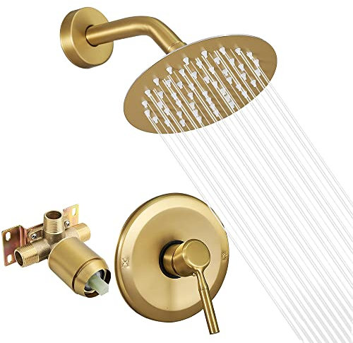 Duschkopf- und Wasserhahn-Set, gebürstet, goldfarben, komplett mit Ventil-Duscharmaturen mit 15,2 cm Hochdruck-Regenduschkopf-Verkleidungsset, rau, inklusive Regaderas Para bBaño Modernas