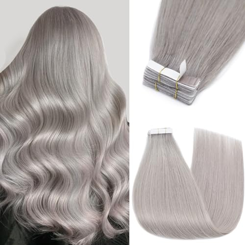 Silk-co Tape Extensions Echthaar 10stk, Remy Tape in Extensions Haarverlängerung, Skin Weft Echthaar Haarextensions Tape Kleber 20g, GREY# Grau 35cm
