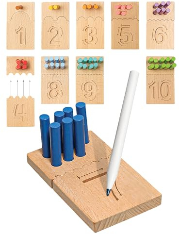 Bimi Boo Peg Board for Toddlers - Wooden Counting Peg Board and Number Tracing Set, Montessori Math Toy for Preschoolers and Kindergarten (55 Pegs, 10 Boards, 1 Pencil)