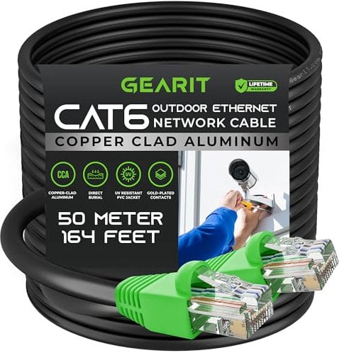 GearIT Cat6 Outdoor Ethernet Cable (50 Meters) CCA Copper Clad, Waterproof, Direct Burial, In-Ground, UV Jacket, POE, Network, Internet, Cat 6, Cat6 Cable - 50m