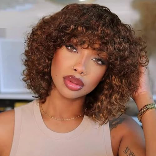 DÉBUT Echthaar Perücke mit Pony - Kurze lockige Bob Perücke für schwarze Frauen - 150% Dichte, Kleberlose Perücke (30 cm, TT1B/33)