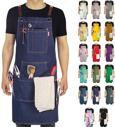Stenffy Kitchen Apron, Work Apron, Multiple Pockets for Gardening, Artist, Painting, BBQ, Carpenter, Sizes M to XXL, Denim