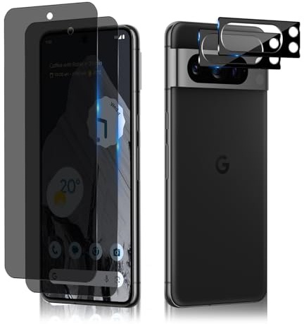 HeeYeal [2 + 2 Pack Privacy Screen Protector for Google Pixel 8 Pro 5G | with Camera Lens Protection, [Case Friendly] [Anti-Scratch] [9H Hardness] Anti-Spy Tempered Glass Film for Google Pixel 8 Pro