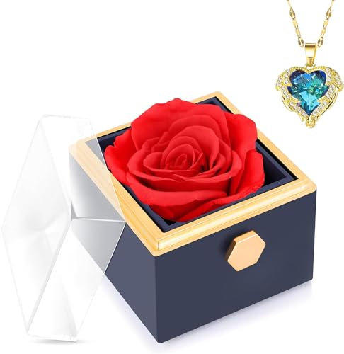 Collier en forme de cœur en diamant pour toujours d'amour - Boîte cadeau de fleurs de rose préservée, symbole éternel d'amour, cadeau d'anniversaire romantique, cadeau d'anniversaire et de fête des