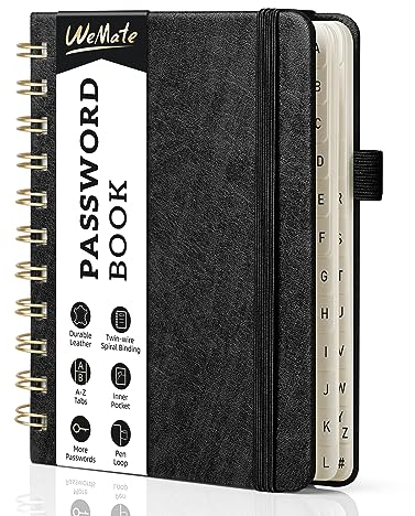 WEMATE Spiral Passwort buch mit alphabetischen Tabs, kleines Passwortbuch für Senioren, Internet-Passwort-Notizbuch Hardcover Passwort Manager Journal Logbuch A6 – 12 x 15 cm (Schwarz)