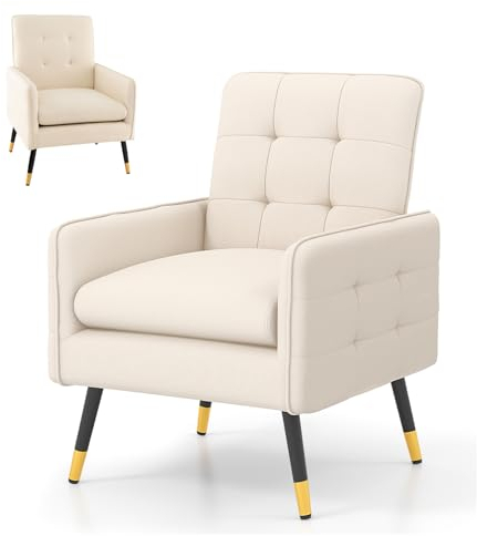 Multigot Modern Accent Armchair, Upholstered Linen Fabric Leisure Chair with Solid Metal Legs and Adjustable Foot Pads, Resting Single Sofa Chair for Living Room Bedroom Office (Beige)