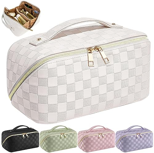 Bestash Trousse de Toilette Femme Grande Capacité,Portable Trousse de Maquillage Femme Voyage,ÉTanche Trousse à Maquillage Rangement Toilette avec PoignéE et SéParateur (Lait Abricot Blanc)