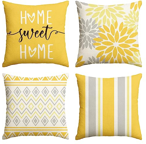 Artoid Mode Gelb Dahlien Geometrisch Frühling Kissenbezüge 4er Set, 40x40 cm Sommer Zierkissenbezug Cushion Cover Couch Wohnzimmer Deko