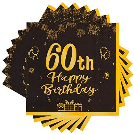 TOPWAYS 60 Geburtstagsdeko Servietten, Schwarz Gold Papier Party Servietten, Happy Birthday 60 Mann Frau Happy Birthday Servietten Decorations 60 Stück (60 geburtstag)