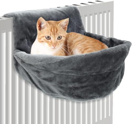 Generic Lit de radiateur pour chat, chaise longue chauffante, hamac chauffant pour chats, tissu peluche gris, lit de radiateur pliable pour chats, petits animaux domestiques, 45,5 x 39 x 25,5 cm
