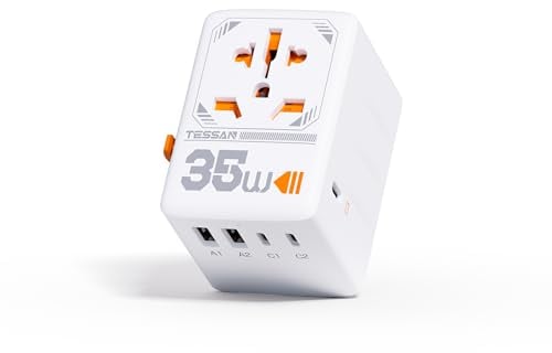TESSAN Universal Travel Adapter 35W, International Plug Adaptor with 3 USB C and 2 USB A Charging Ports, Worldwide Power Outlet for UK to European EU US AUS Ireland(Type C, G, A, I), White