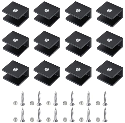 Bebochoi 12 Piezas Soporte de Vidrio Abrazaderas Ajustable, Estantes de Vidrio de Aluminio Soporte de Clip, para Vidrio de 6-8 mm de Espesor, para Barandilla, Cuarto de Baño (con Tornillos, Negro)