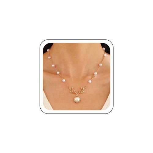 Wendalern Perlenkette Halskette Kubischer Zirkonia Elch Anhänger Halskette Große Perle Diamant Cz Scheibe Halskette Gold Strass Hirschkalb Halskette Schmuck Für Frauen Und Mädchen
