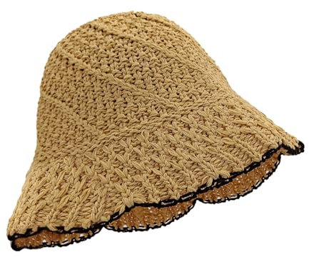 Feelorna Chapeau de soleil en paille pliable pour femme, chapeau cloche en paille souple pour l'été, respirant, protection solaire, chapeau de plage pour voyage, vacances en plein air, kaki, Taille