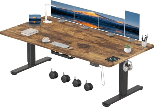 Devoko Höhenverstellbarer Schreibtisch 200x100cm mit Typ-C Ladeanschluss, Schreibtisch Höhenverstellbar Elektrisch, Mobiler Elektrisch Computertisch mit Kabel Management Tray, Vintage-Braun