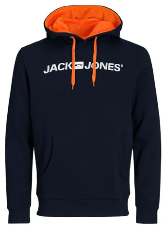 JACK & JONES Felpa con Cappuccio con Logo Male, Navy Blazer (Shocking Orange/Reg Fit), XXXL (EU) Uomo