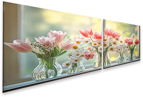 islandburner Bild auf Leinwand Tulpen und Gänseblümchen in Vasen auf Einer Fensterbank Bilder Wandbilder Poster