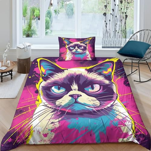 KAYZTGSDA Grumpy Cat-Bettwäsche-Set, 3D-Druck, Kissenbezüge, Mikrofaser, pflegeleicht, antiallergisch, weich und glatt, für Kinder, Teenager, Jungen und Mädchen, Einzelbett (135 x 200 cm)