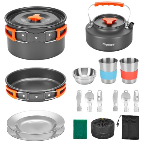 Fitense 21Pcs Camping Cookware Mess Kit for 2 People, Lightweight Camping Kitchen Pots and Pans Set, Portable Camping Essentials for Backpacking, Camping Cooking Hiking and Picnic