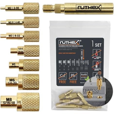 ruthex Set di 7 punte per saldatura, per inserti filettati ruthex M2 / M2.5 / M3 / M4 / M5 / M6 / M8 - #2-56/ #4-40/ #6-32/ #8-32/ #10-24/1/4 con adattatore per saldatore 900 M/T18