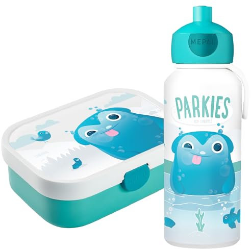Landpark Trinkflasche & Brotdose Willi - Trinkflasche mit Pop-Up funktion - Brotdose für Kinder mit Fächern inkl. Gabel - BPA Frei - Jausenbox