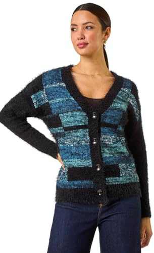 Roman Originals Colour Block Fluffy Knit Cardigan for Women UK - Ladies Everyday Autumn Winter V-Neckline Comfy Soft Evening Vacation Work Party Night Out - Blue - Size 20