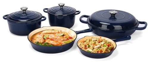 Hisencn Batterie de cuisine en fonte émaillée, 8 pièces, poêle en céramique, casserole, cocotte, casseroles et poêles, ensemble de cuisine en fonte, passe au four et au four, sans PFA, avec
