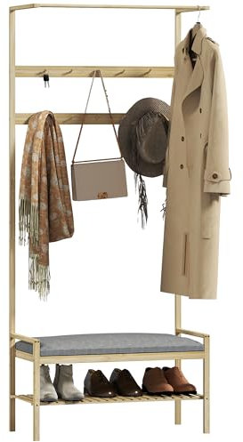 HOMCOM Garderobenständer mit Schuhbank, Kleiderständer mit Haken, Schuhregal, Garderobe mit Sitzkissen, Jackenständer für Eingangsbereich, Flur, Bambus, Natur