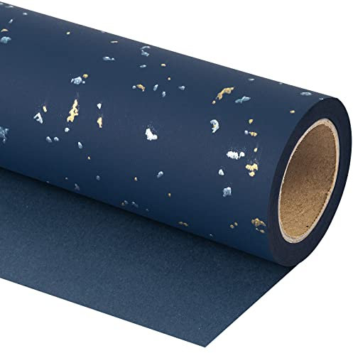 RUSPEPA Marineblaue Geschenkpapierrolle – Minirolle – 43,2 cm x 5 m – Marineblau-Gold-Design mit seidiger Haptik, perfekt für Geburtstage, Feiertage, Hochzeiten, Babypartys