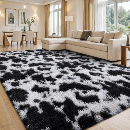 smiry Hochflor Teppich Wohnzimmer, Waschbar Anti-Rutsch Moderner Flauschiger Kuscheliger Teppich für Wohnzimmer Deko, Schlafzimmer, Kinderzimmer, 80 x 150 cm, Kuhfarbe