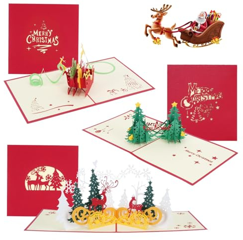 Fairblo Weihnachtskarten mit Umschlag Set 3D Pop Up Karte Weihnachten 3 Stk Geschenkkarte Basteln Kinder aus Papier Craft für Neue Jahr mit Frohe Weihnachten Weihnachtsmann Weihnachtsbaum Rentier