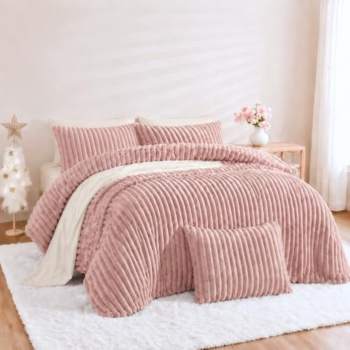 Nayoroom Winter Bettwäsche 155x220 Warm Fleece Plüsch Bettbezug Set Rosa | Flauschig,Winterbettwäsche Set,ÖKO-TEX,Cashmere Touch,Flanell,Gestreift,Bettwäsche-sets,Kissenbezug 80x80 cm,Reißverschluss