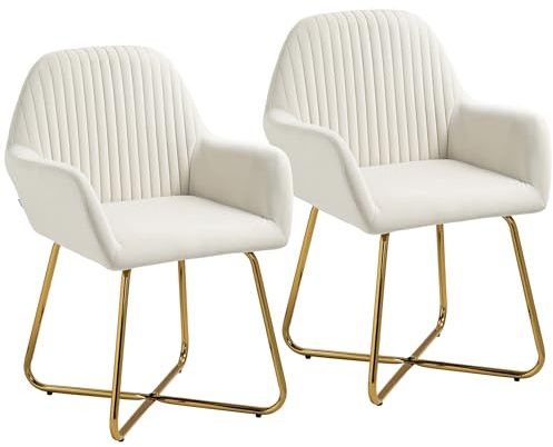 HOMCOM Modern Accent Chair Set of 2, Velvet-Touch Fabric Upholstered Armchair with Metal Base for Living Room, Bedroom and Dinning Room, Cream White