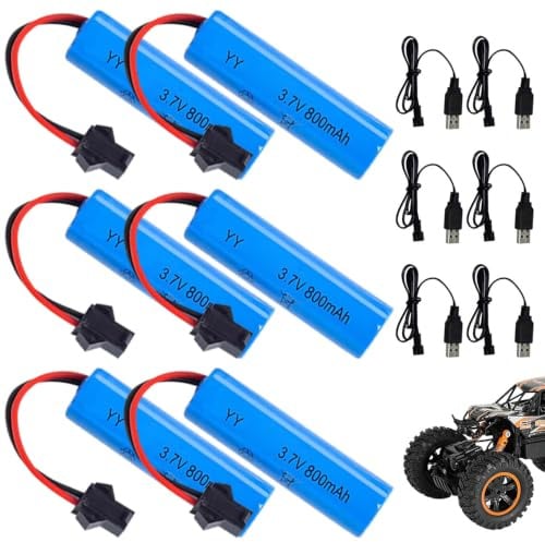 6 Stück 3.7V RC Akku, 800mAh 3.7V Li-ion Akku, Wiederaufladbare Lithium-Batterien mit UBS Ladekabel SM-2P Stecker, Universal Li-Ion Battery für RC Auto Fahrzeuge Boote Panzer Roboter