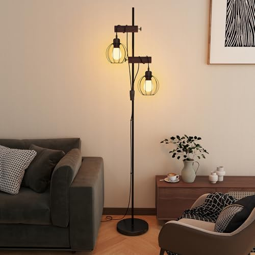 Fullwatt Stehlampe Wohnzimmer, Stehlampe mit Tisch, Stehleuchte mit Lampenschirm und Fußschalter, Leselampe mit Glühbirnen, für Schlafzimmer, Büro, Höhe,165cm, Schwarz